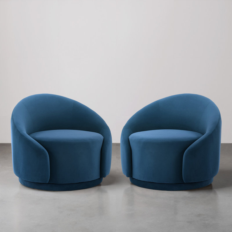 Fauteuil demi-tonneau pivotant rembourré Aunna, Velours bleu