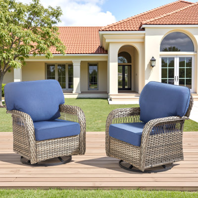 Ensemble de chaises berçantes pivotantes d'extérieur 2 pièces, fauteuils oscillants pivotants en osier toutes saisons avec coussins amovibles et dossier en forme de T pour la terrasse, le jardin et la piscine