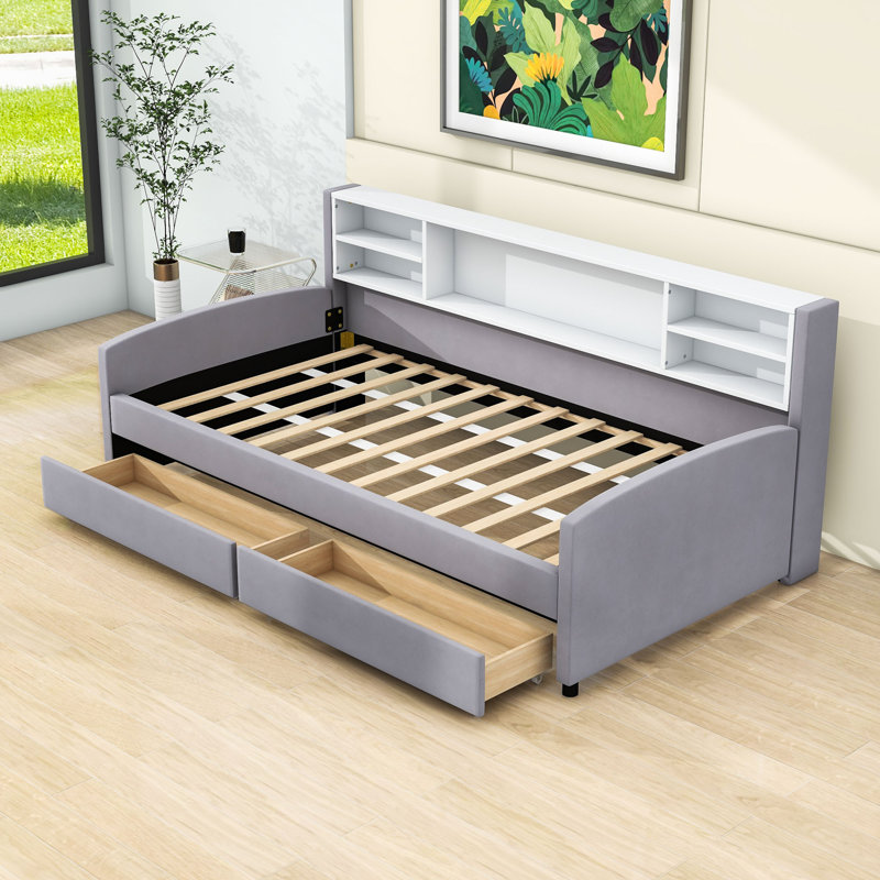 Twin Upholstered Platform Bed with Storage Shelves and 2 Drawers, Gray