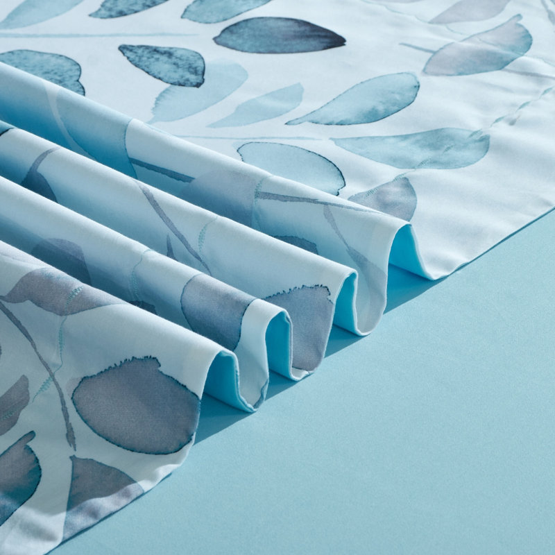 Lunaria 100% Long Staple Cotton Duvet Cover Set Gradient Blue Leaves Printed 3 Piece Comforter Cover Set