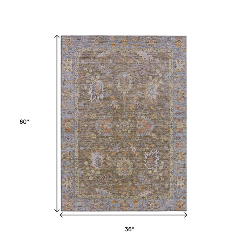 3' X 5' Brown And Lavender Floral Washable Indoor Outdoor Area Rug