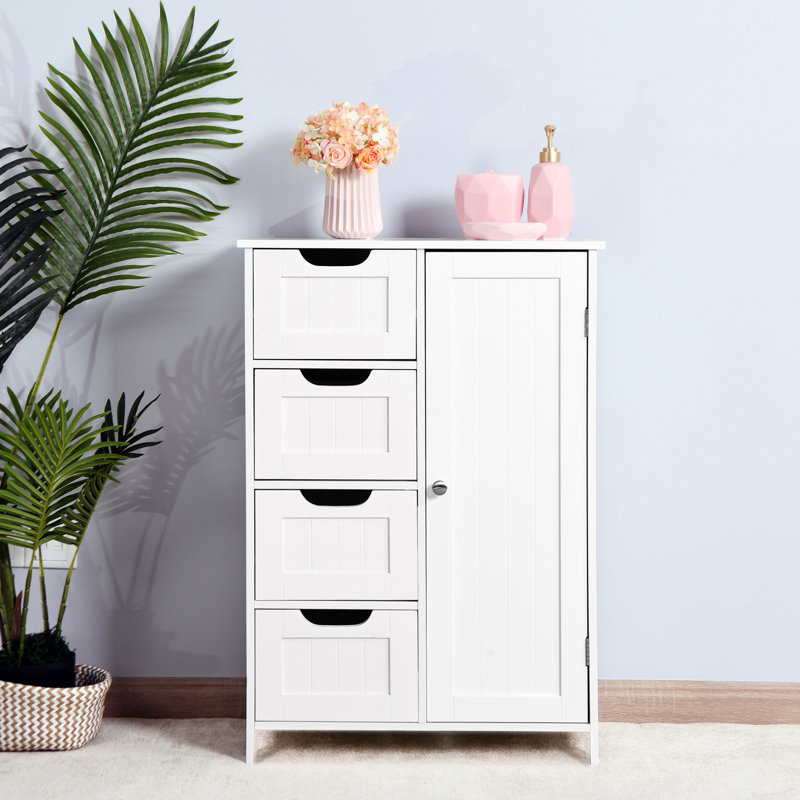 Armoire de salle de bain blanche avec tablette réglable et 4 tiroirs à lattes - pour le salon, le rangement de bureau dans les tiroirs à poignées routées, différents espaces