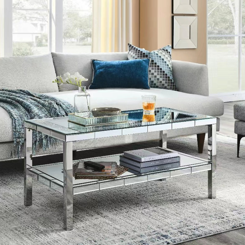 Rectangular Coffee Table with Glass Table Topand Shelf