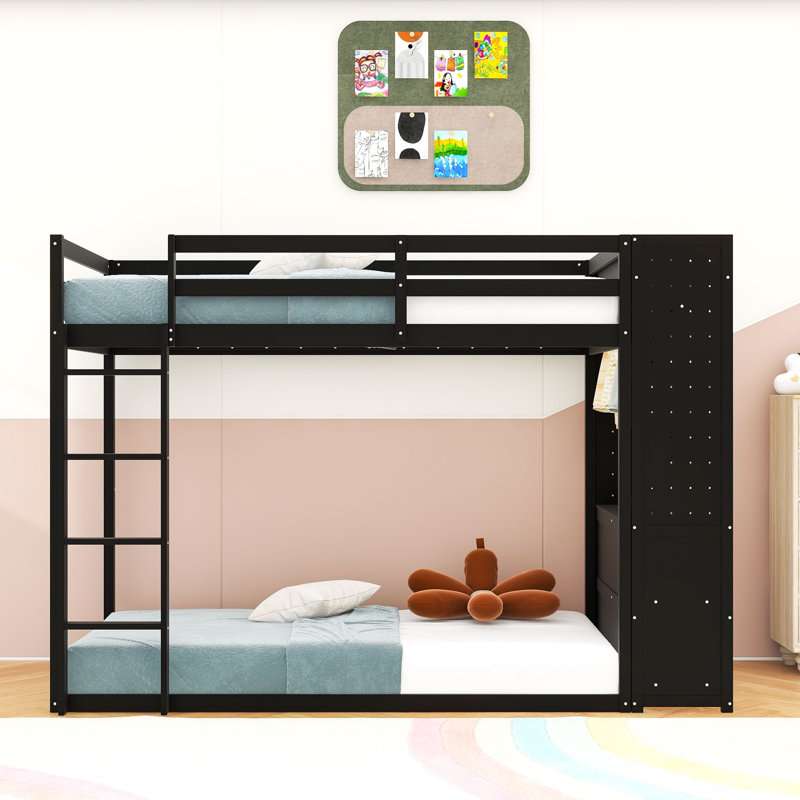 4 Drawers Twin Over Twin Bunk Bed with Wardrobe Rail, LED Light Strip, Shelves and Dual Pegboards, Black