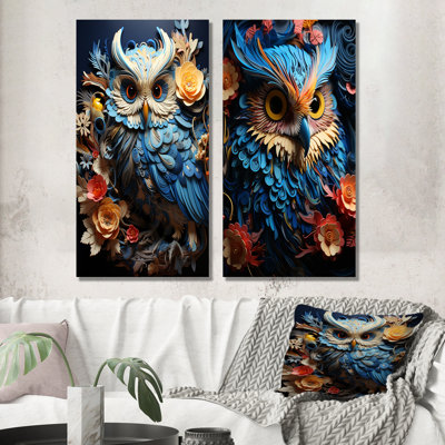 Mysterious Owl Blooms - ensemble de 2 impressions sur toile de hibou