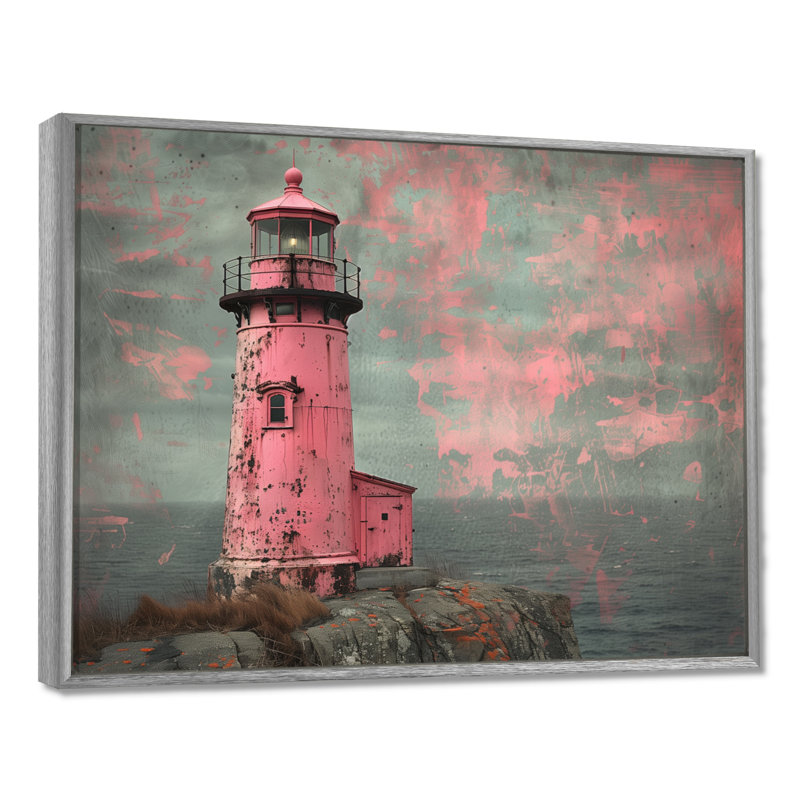 Art sur toile, phare rose et gris rétro, Encadrement argenté, H 30 po x l 40 po