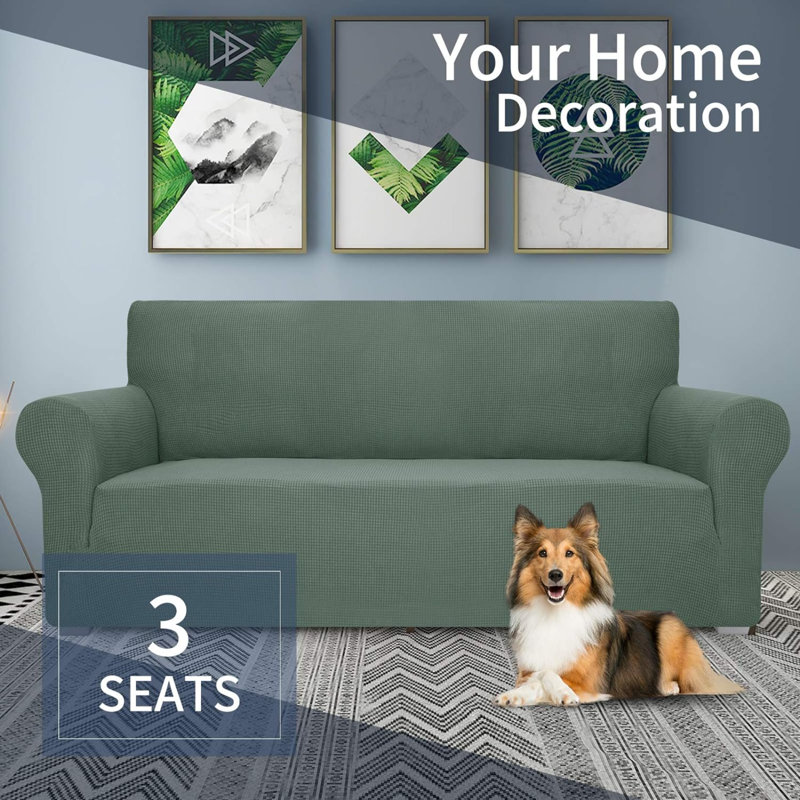 Housse pour canapé à coussins en T, H 41 po x l 91 po x P 42 po, Tissu vert pois