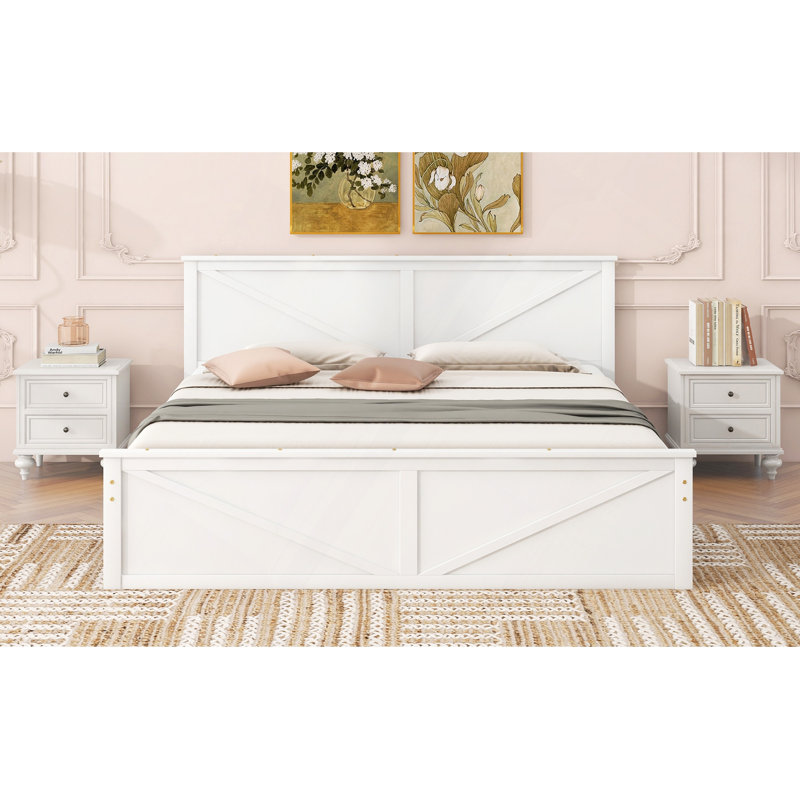 Lit plateforme en bois avec quatre tiroirs de rangement et pieds de support, Très grand lit, White