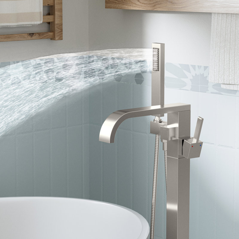 Freestanding Square Tub Faucet With Handheld Shower, 304 Stainless Steel Floor-Mount Bathtub Filler With Waterfall Spout And CUPC Ceramic Valve