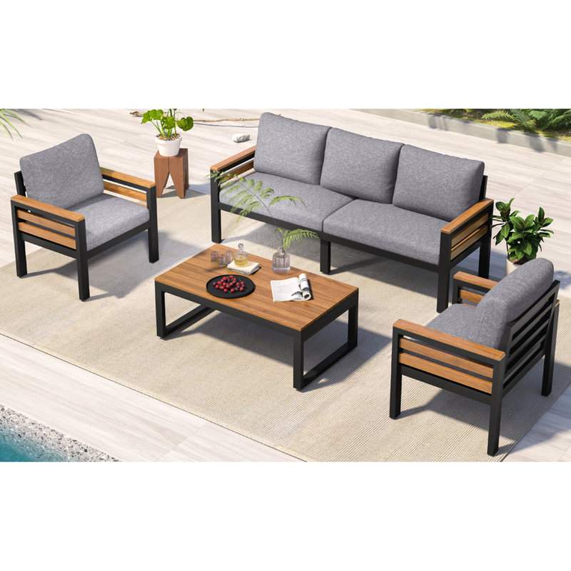 5 meubles de patio en bois, coussin amovible et table basse solide - facile à assembler, gris