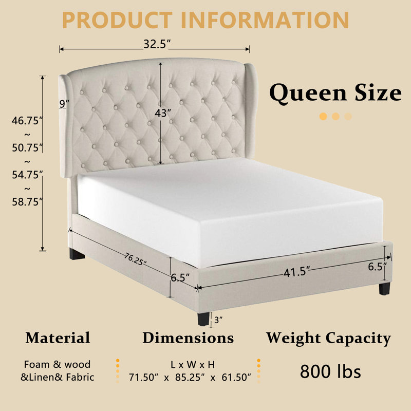 Lit plateforme tapissier en tissu avec tête de lit capitonnée à hauteur réglable - Structure de lit moderne pour toute chambre à coucher