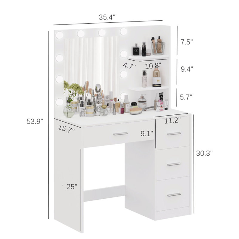 Makeup Vanity Table with Lighted Mirror, Vanity Desk with Storage Shelf and 4 Drawers, White