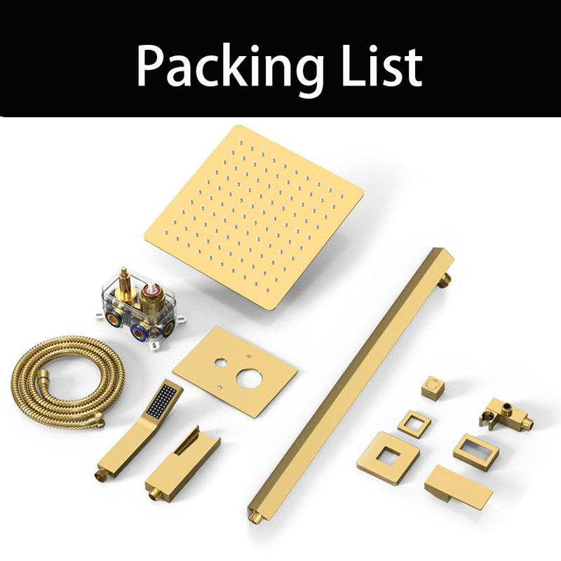 12 Inches All Metal Bathtub Faucet Set Shower System With Tub Spout, Modern Valve And Trim Kit, Brushed Gold