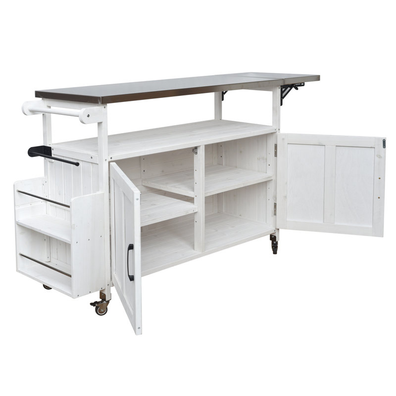 Foldable Outdoor Kitchen Island Patio Mobile Kitchen Cart Portable Outdoor Cooking Island With Lockable Wheels, Storage Cabinet And Towel Rack For Patio And Outdoor, White