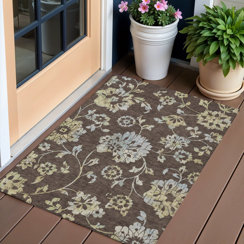 Tapis extérieur lavable floral bleu ciel et artichaut 3 pi x 5 pi chocolat