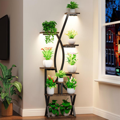 Support pour plante d'intérieur en forme de S de 67 po de hauteur à 67 niveaux avec lumières de croissance, grand support de plante d'angle en métal et en bois avec minuterie de luminosité réglable, décoration intérieure pour le salon / patio / balcon