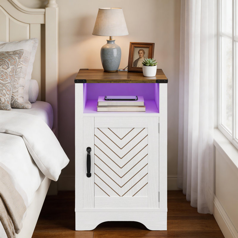 Milaun Led Nightstand With Charging Station, White And Rustic Oak, Individual