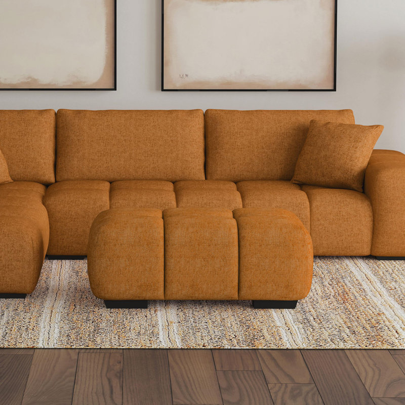 Rectangular Upholstered Tufted Ottoman, Orange