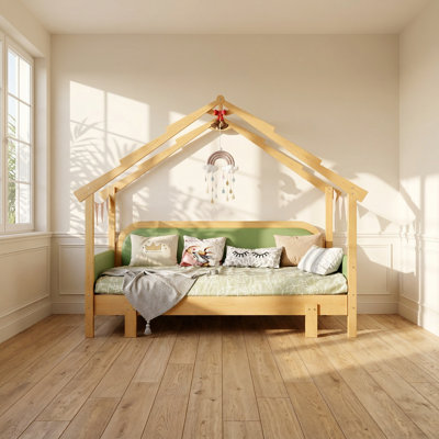Bonwell 81.6" W x 85.2" D x 60.8" H Solid Wood Twin Treehouse Floor Bed with Soft Cushion Rails