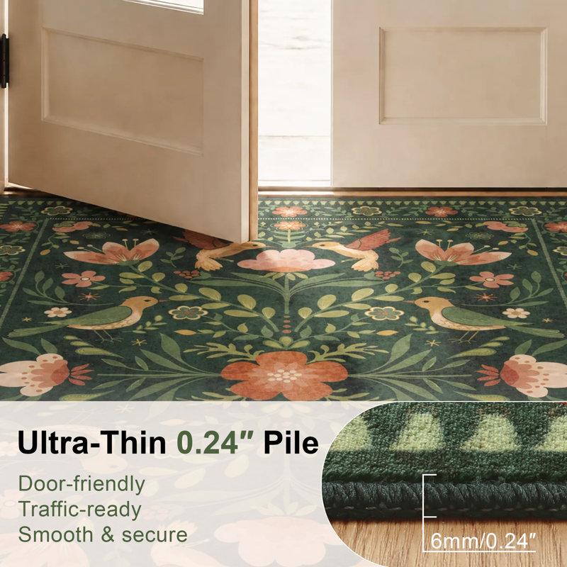 Goldene Boho Washable Botanical Dark Green Area Rugs for Living Room, Low-Pile Floral Rug with Non Slip Backing For Bedroom Dining Room