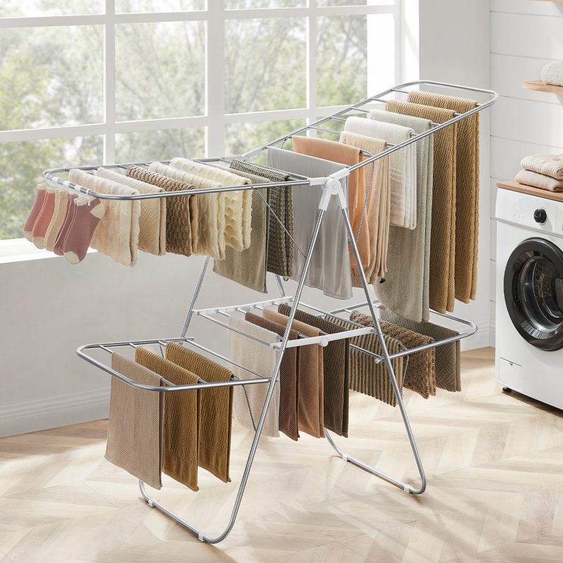 Clothes Drying Rack, Foldable 2-Level Laundry Drying Rack, Free-Standing Laundry Airer, With Height-Adjustable Wings, 33 Rails, Sock Clips