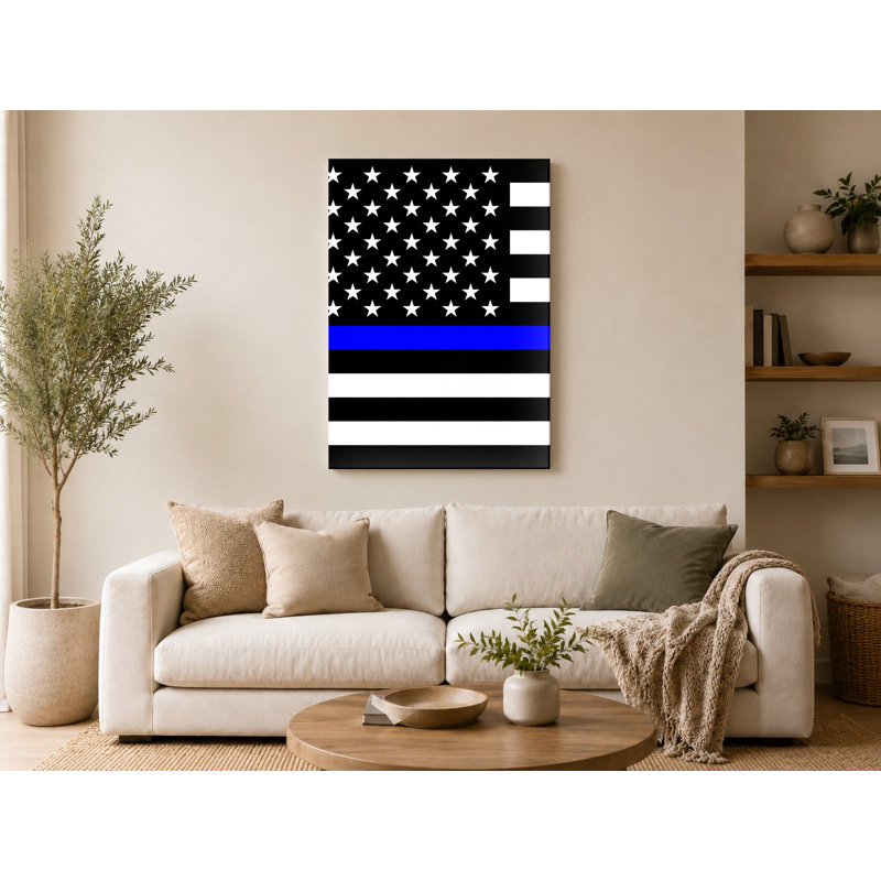 Thin Blue Line American Flag - Police Support, art mural sur toile, 14" H x 11" W
