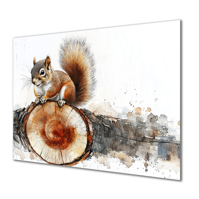 Mignon écureuil sur une glissoire en bois, forêt II - écureuil, impression murale sur métal, H 12 po x l 20 po