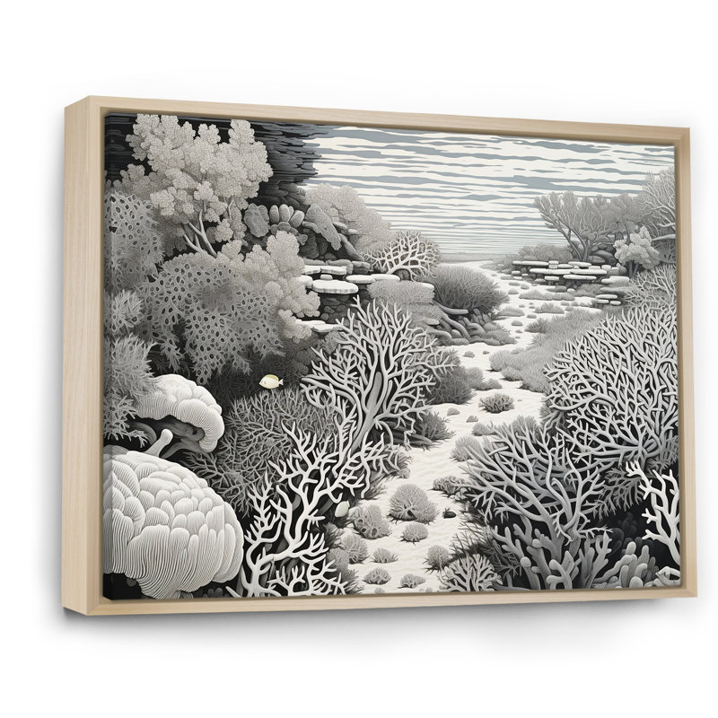 Abstrait corail noir et blanc abstrait - reproduction sur toile, Cadre naturel flottant, H 30 po x l 40 po x P 1,5 po