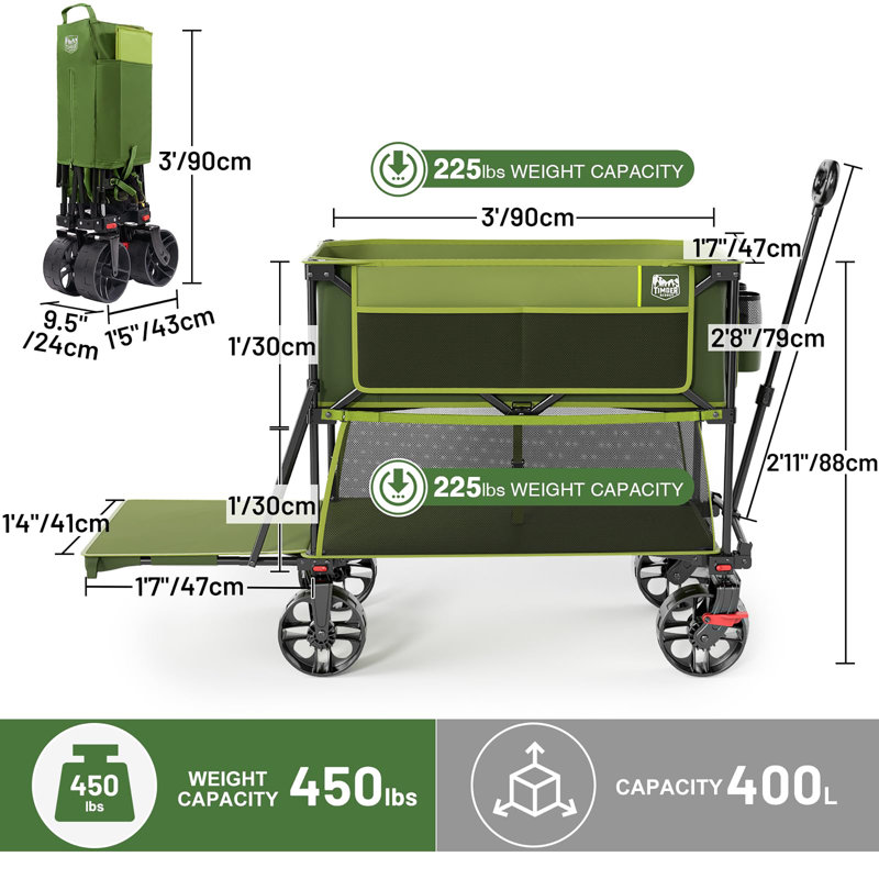 Wagon pliant à grande capacité 400L avec freins, Vert