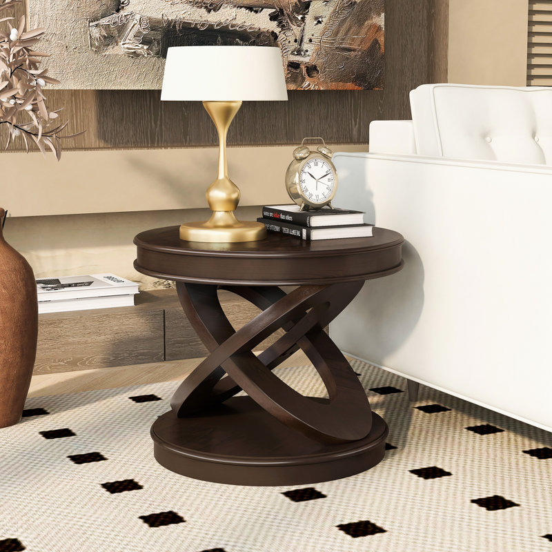 Table de bout ronde en bois rétro, table d'appoint avec base en X pour salle à manger ou salon en famille, Espresso