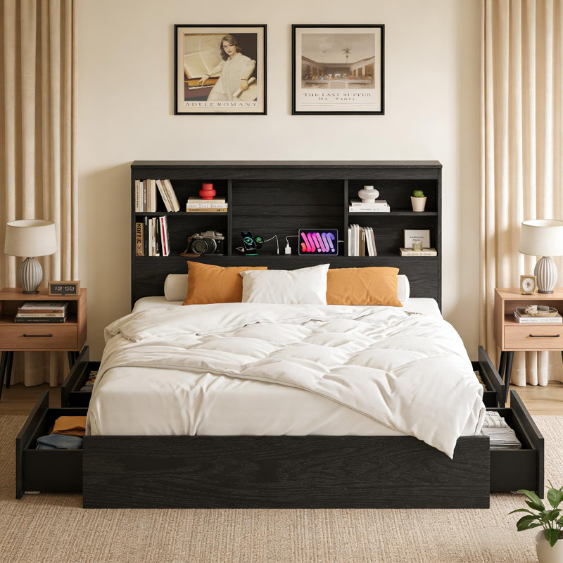 Structure de lit avec tête de lit, 4 tiroirs et station de charge pour la chambre à coucher, Noir, Grand lit
