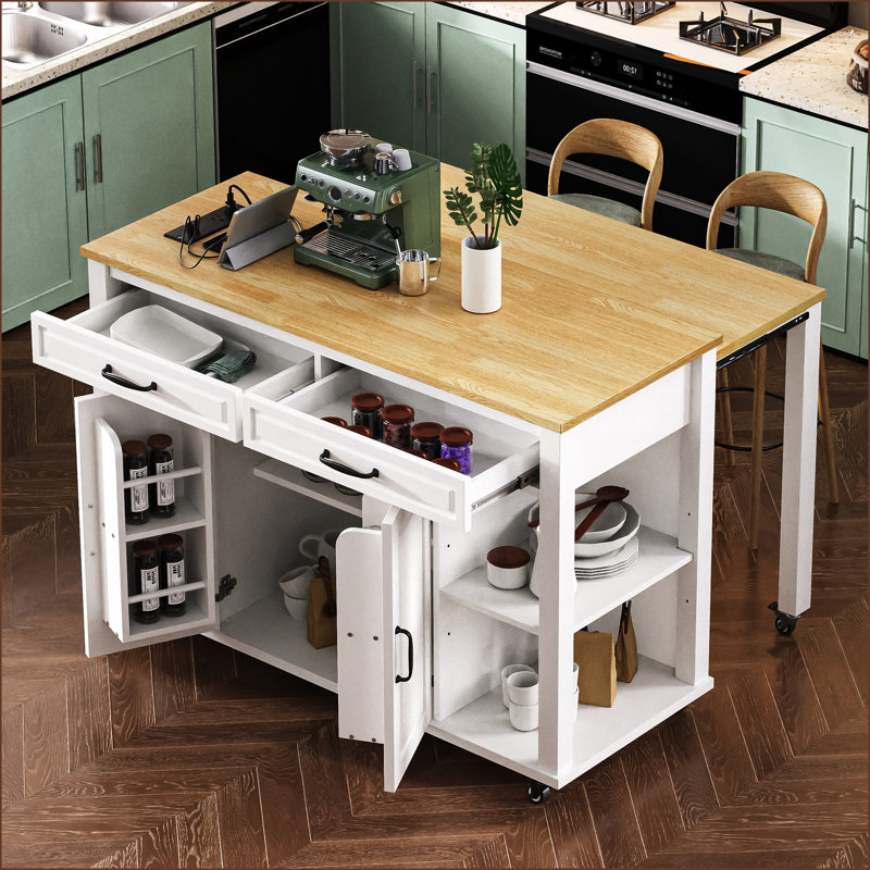 Kitchen Island with Extendable Table, White Rubber Wood, Storage &amp; Power | Farmhouse | Medium (40-55in), White