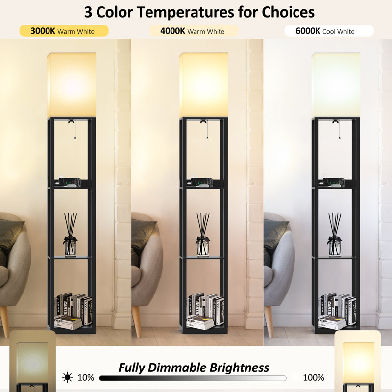 2 Charging Ports And 1 Power Outlet Shelves Floor Lamp, Matt Black