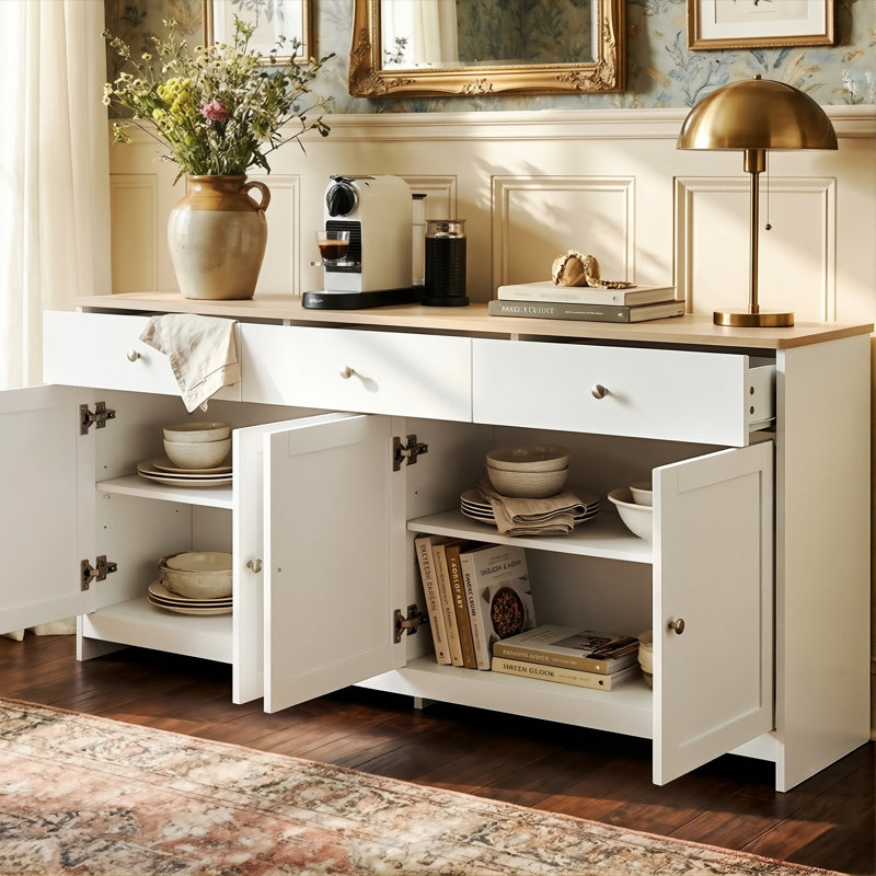 160cm Farmhouse Sideboard Buffet, 4-Door Storage Console with 3 Drawers & Adjustable Shelves,  White & Oak