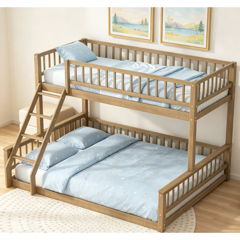 Lit superposé simple au-dessus de grand lit simple avec échelle et garde-corps, conception compacte et robuste pour les familles modernes