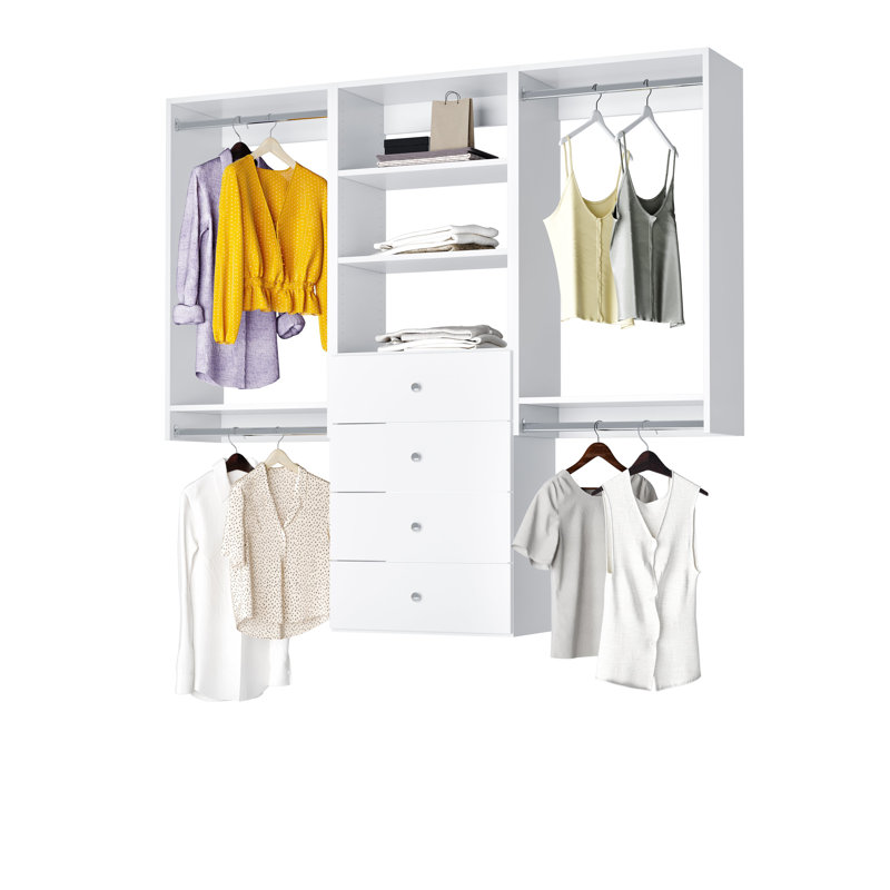 White Modular Closet System with Shelves, Drawers, and Hanging Rods