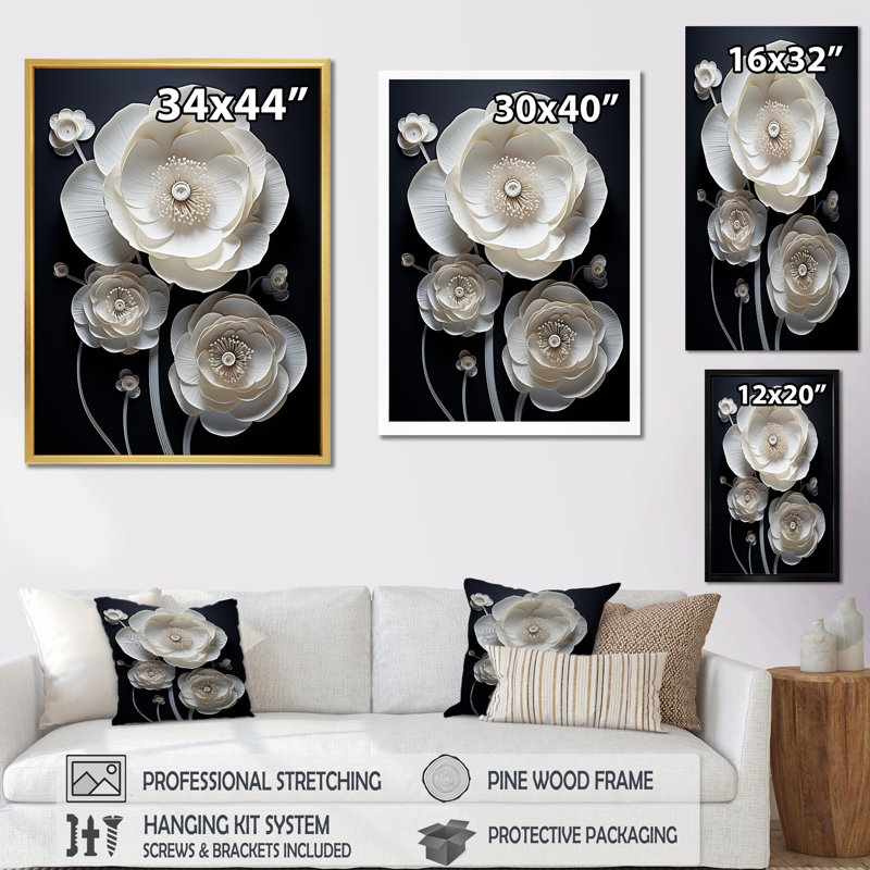 Blanc et noir, délices floraux en renoncule sur toile, Toile tendue, H 40 po x l 30 po x P 1,5 po