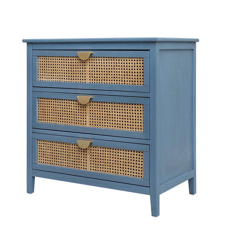 Chused 3 Drawer Accent Cabinet Dresser, Rattan Chest Drawers, Storage Cabinet with Metal Handles, Blue