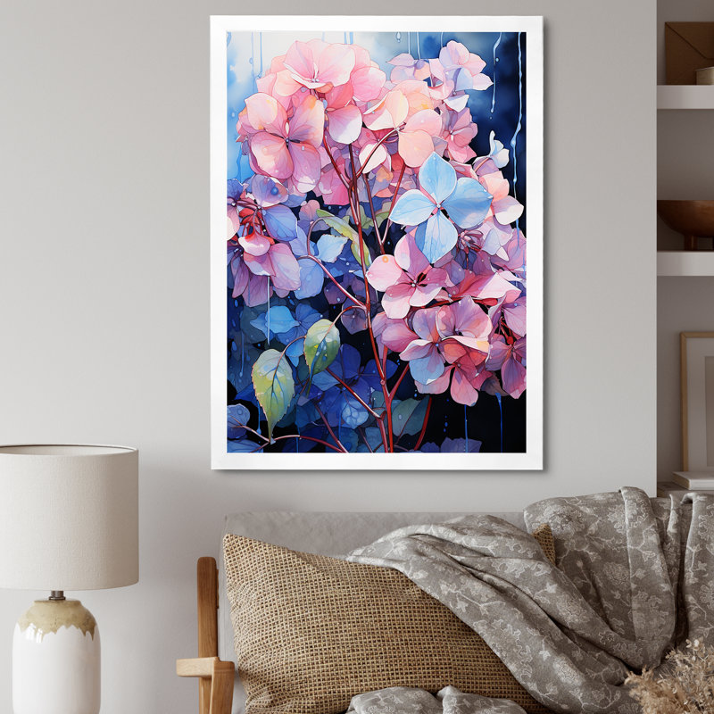 Hortensias bleus et mauves I, H 44 po x l 34 po x P 1,5 po, Cadre photo blanc