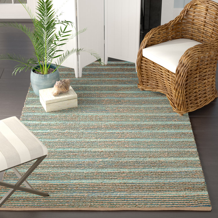 Winthrop Hand Woven Jute/Cotton Striped Rug in Aqua