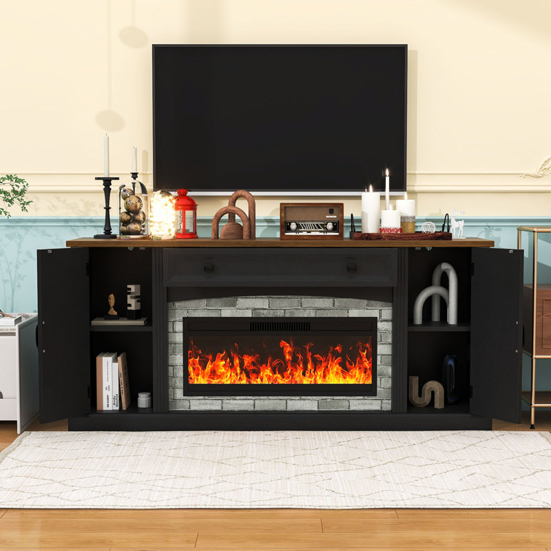Meuble télé avec foyer électrique, manteau de cheminée multicolore, tiroir et 2 armoires, Noir