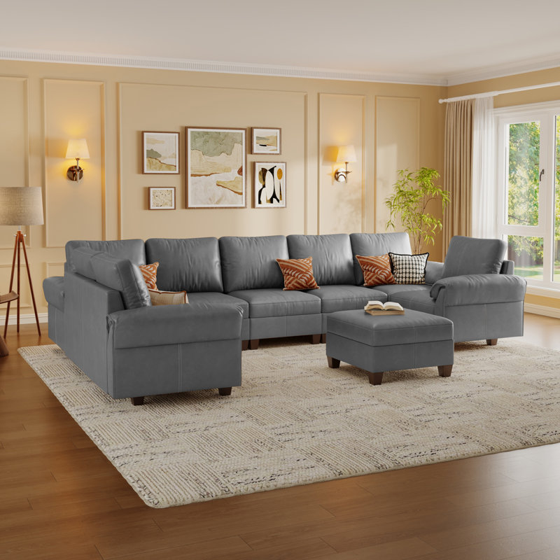 Canapé modulaire en U en similicuir de 150 po avec 9 places et rangement, gris, Gris