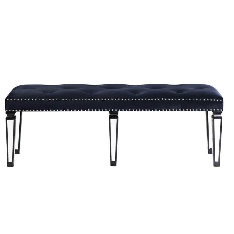 Banc de chambre en velours bleu marine foncé avec rembourrage et pieds en miroir magnétisme et relaxation