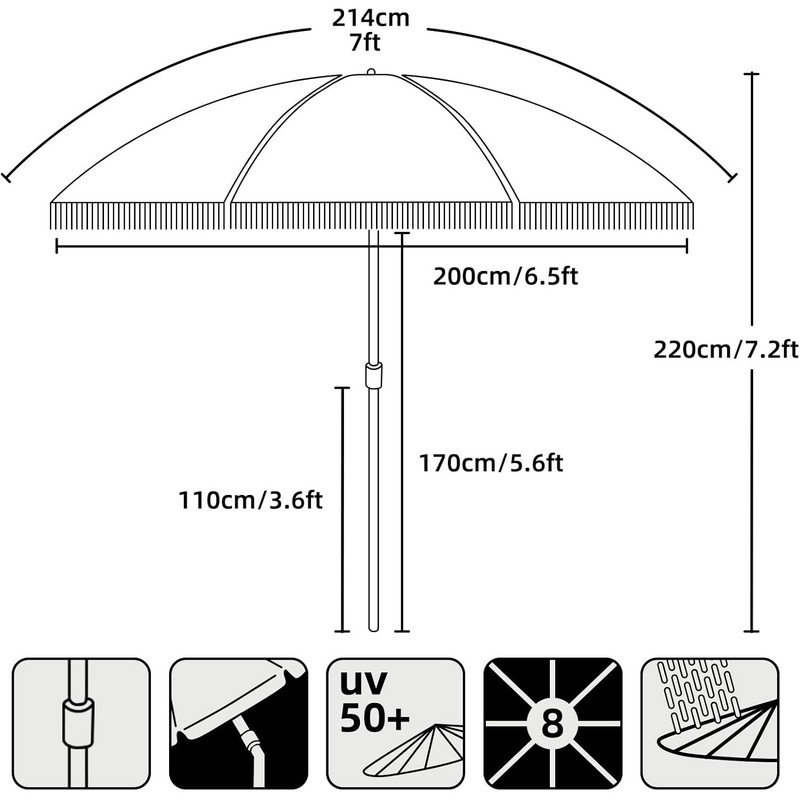 Elegant Cream 7ft Beach Umbrella with Tassel Fringe and Steel Pole