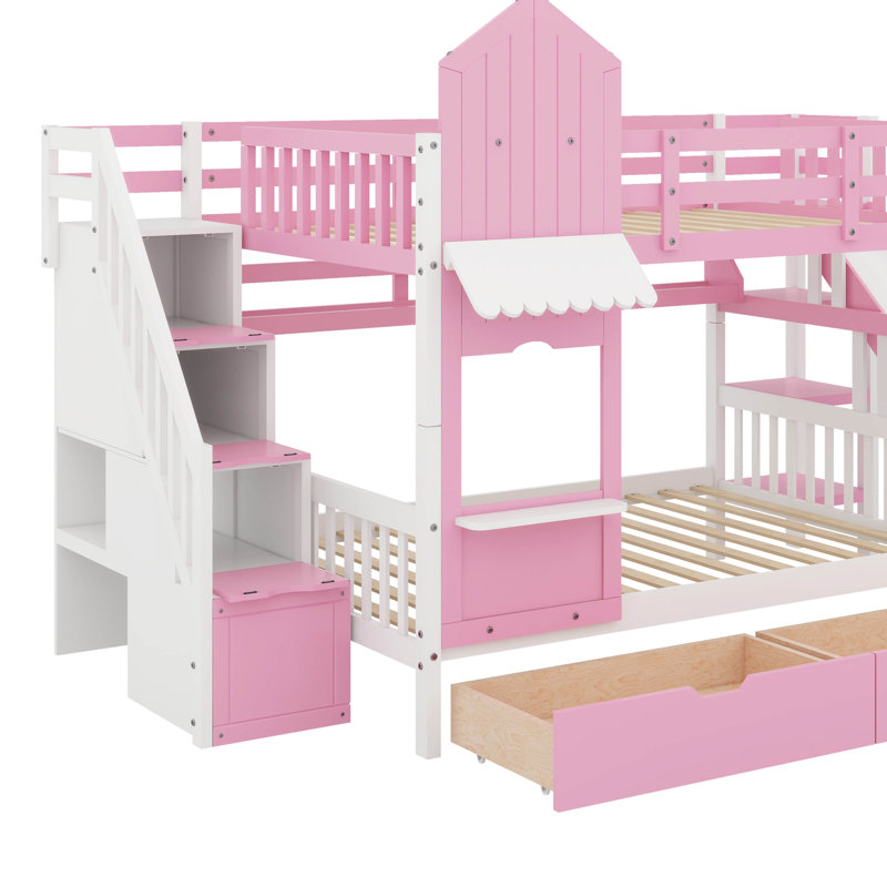 Lit superposé double de style château avec 2 tiroirs, 3 tablettes et glissade, Rose