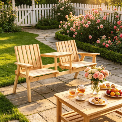Solid Fir Wood 2-Seat Patio Bench with Integrated Middle Side Table  Umbrella Hole, Weather Resistant Outdoor Bench for Lawn, Backyard  Porch
