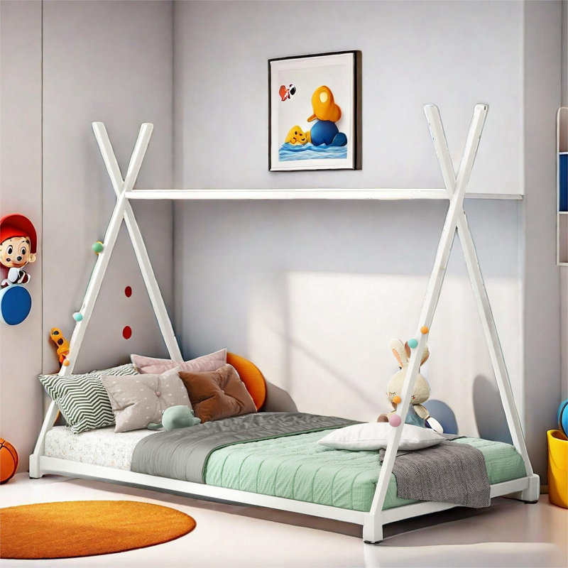 Amonette Metal House Platform Bed with Triangle Structure, White