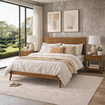 Bedroom Upgrade Queen Size Platform Bed, Mid-Century Luxury Solid Acacia Wood Frame with Organic Natural Finish