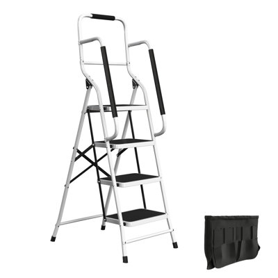 Échelle 4 marches pour escabeau pliable pour adultes avec mains courantes et sac à outils - Escabeau à structure antidérapante en acier d'une capacité de 330 lb - Échelles pliables pour la maison, la cuisine ou la chambre à coucher par Stalwart