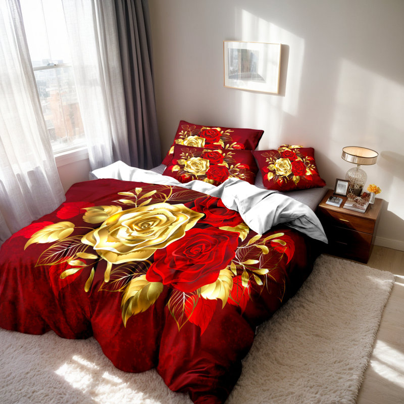 Literie en microfibre à motif rose rouge et or, Queen, 3 pièces avec 2 taies d'oreiller standard